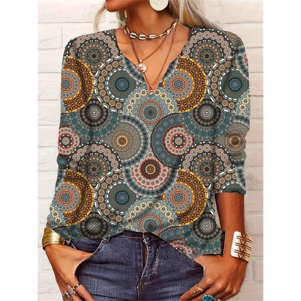 GMXIA Autumn Loose Long Sleeve Flower Bold V-neck T-shirt Base for Women