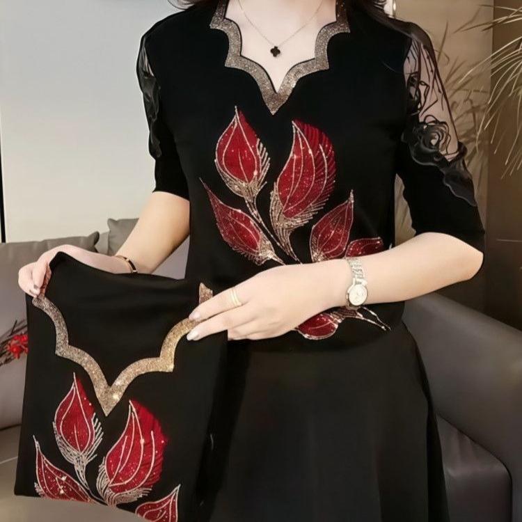 Autumn Women's V-Neck T-Shirt Printed Rhinestone Hollow Slim Fit Soft Stretch T-Shirt