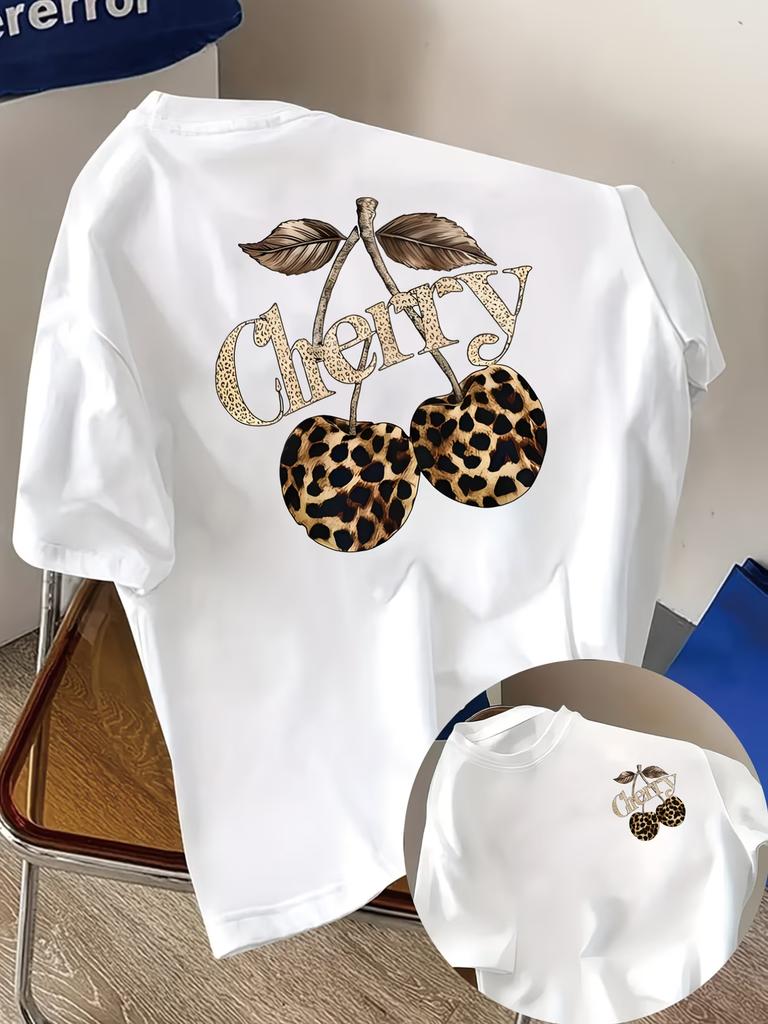 Cherry Leopard Print Cherry Print Tshirt Short Sleeve Crew Neck Casual Top for Summer Spring