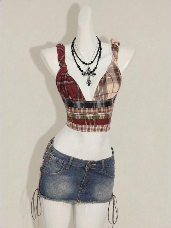2025 High-Waisted Slimming Plaid Patchwork Zipper Bikini Camisole