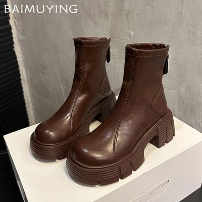 Platform Women Ankle Boots Chunky Leather Mid Heels Fashion Shoes 2025 Trend Winter Classic Goth Pumps Motorcycle Botas De Mujer