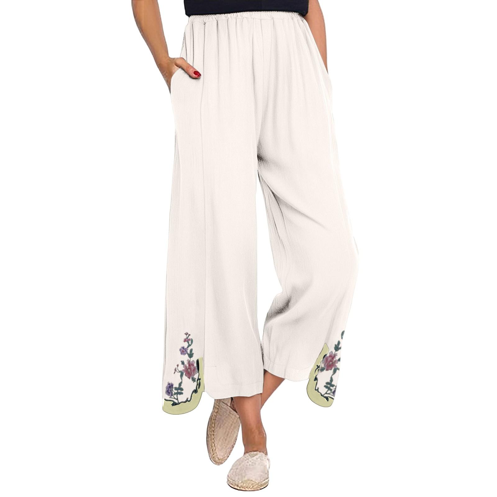 

Женские летние однотонные свободные брюки из хлопка и льна с вышивкой и девятью точками L белый