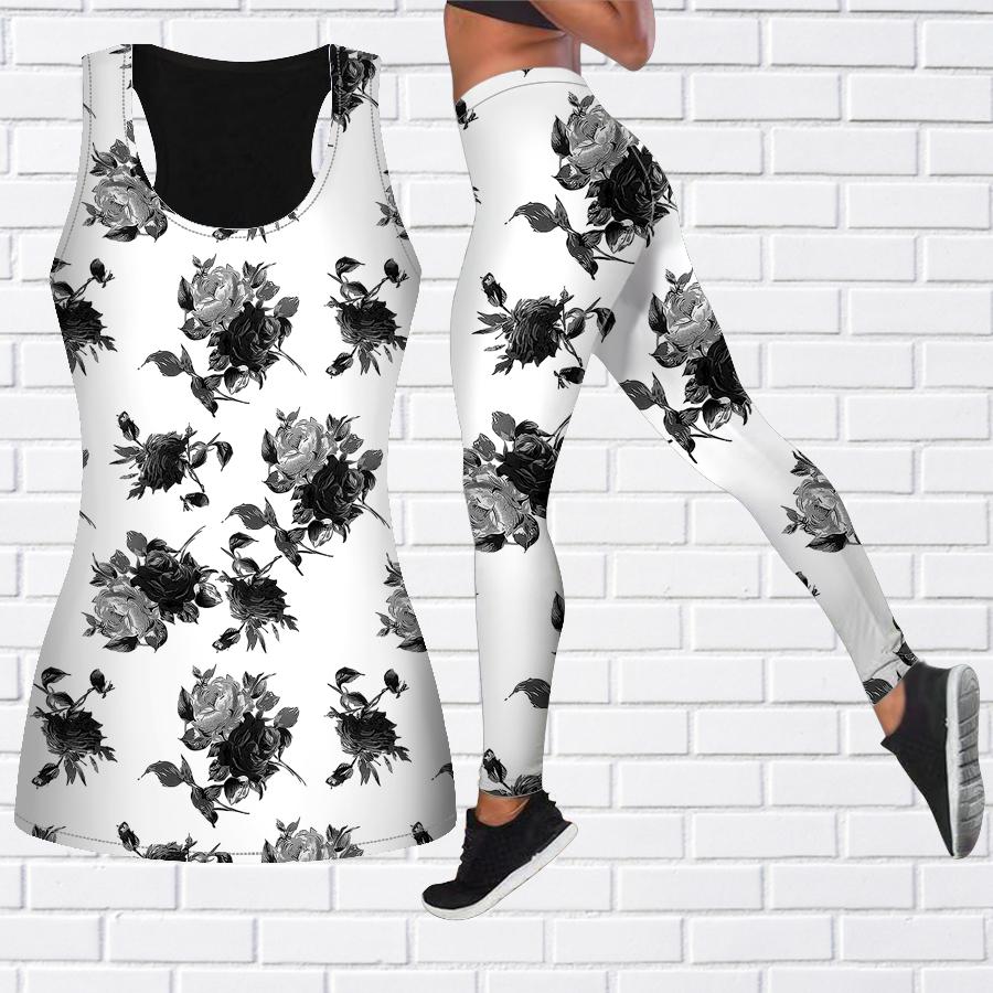 Graues Yoga-Outfit mit Rosendruck für Damen, modische Workout-Leggings, Fitness, Sport, lässige Yoga-Hose