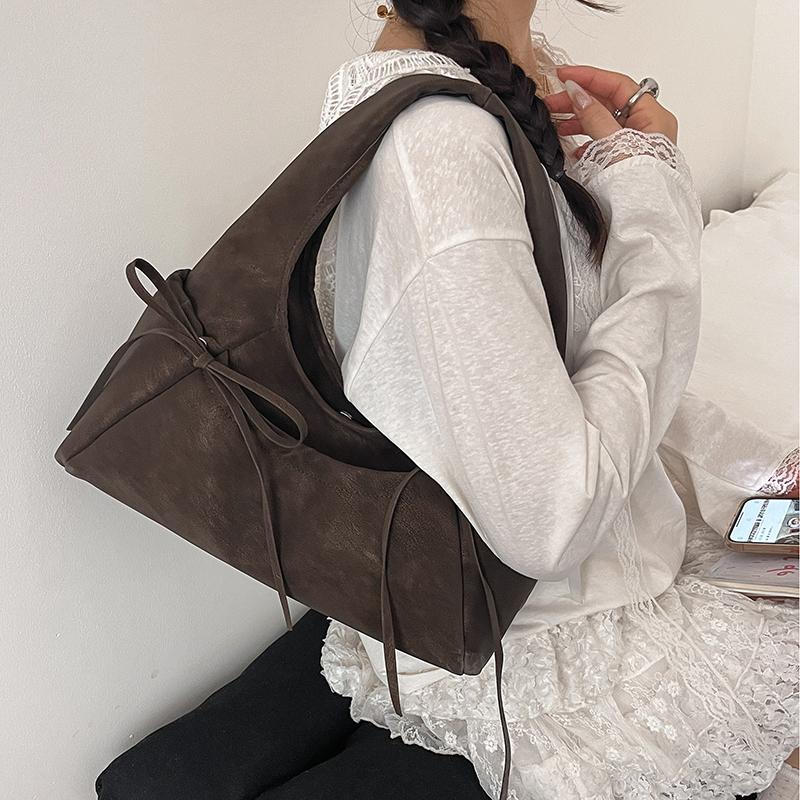 Cream Soft Shoulder Bag with Adjustable Drawstring Bows for Casual Daily or Trendy Urban Outings