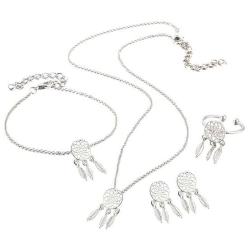 Hollow Dream Catcher Tassel Necklace Earrings Ring Bracelet Women Jewelry Set серебряный