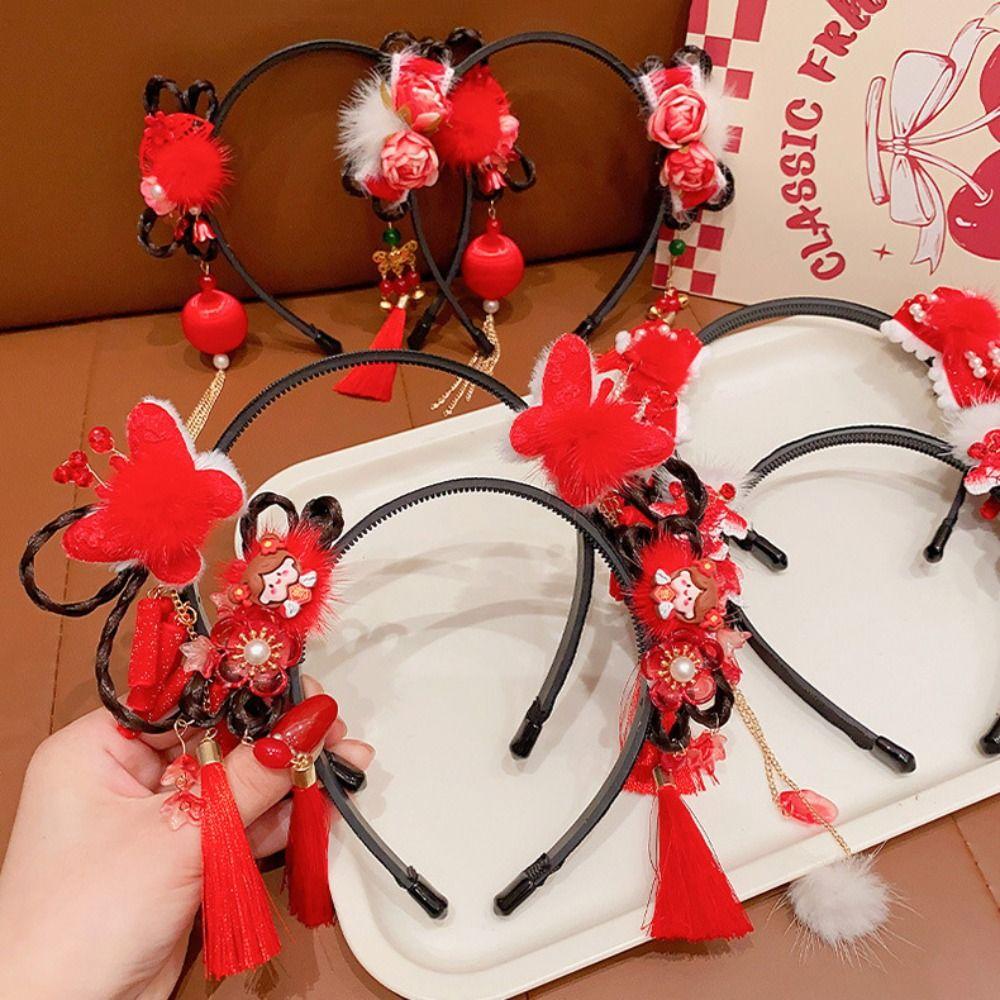 Pearl Flower Tassel Headband Red New Year Headwear Traditional Hanfu Wig Headband Girl