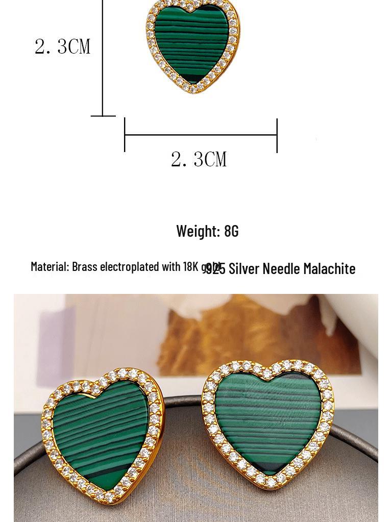 Retro Malachite Heart Diamond Stud Earrings - Exquisite Design & Unique Style