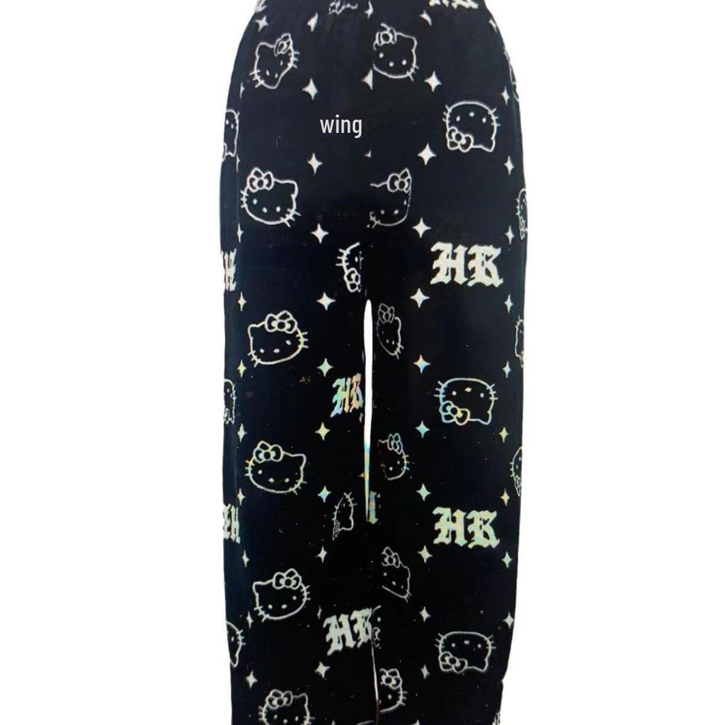 Women's Cartoon Cat Fleece Pajama Pants - Cozy Flannel for Autumn/Winter