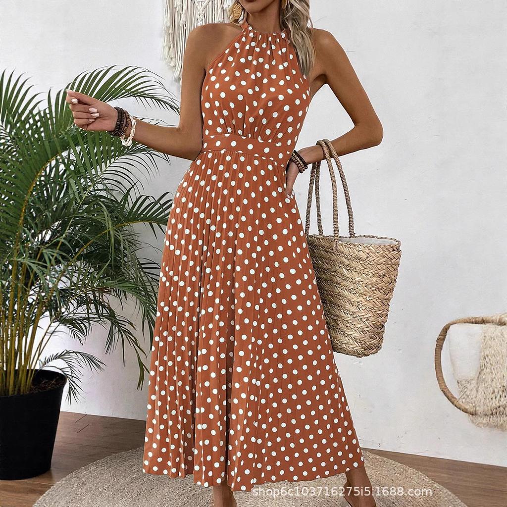European and American Women's Clothing Spring and Summer Fashion Printing Polka Dot Round Neck Long Dress Women's Dress