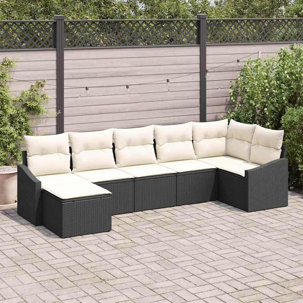 7 Piece Sofa Set with Cushions Black Poly Rattan