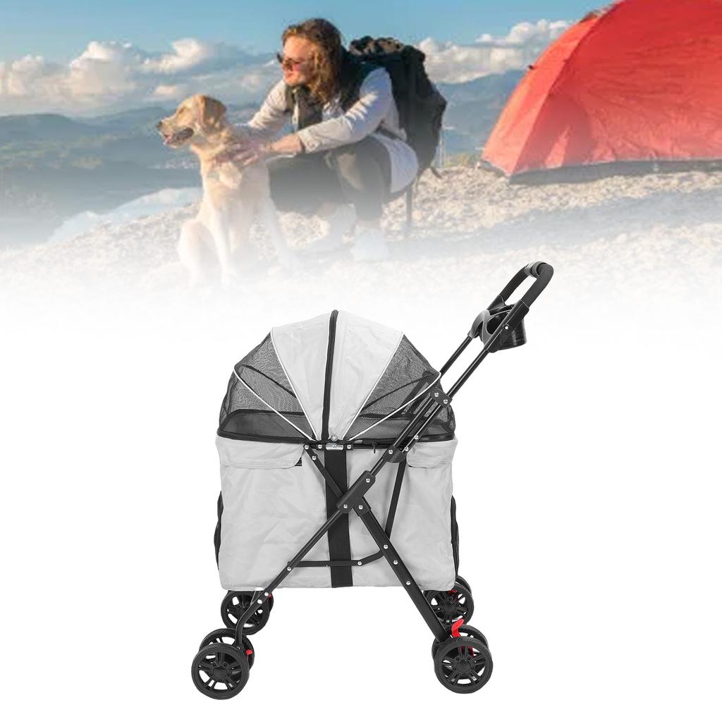 Passeggino Pieghevole per Animali Domestici Rete Traspirante con Tettuccio Apribile in 2 Modi Vassoio Cibo Rimovibile Portabicchieri Passeggino da Viaggio per Gatti Cani Cani Medi Grandi
