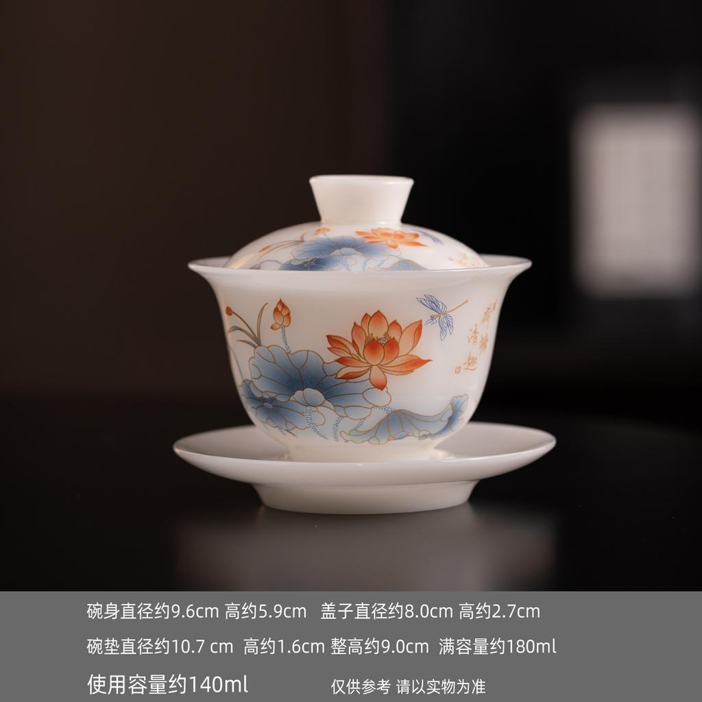 Ice seed jade porcelain hovering Sancai cover bowl Dehua white porcelain Kung Fu tea set household tea brewer gift hand-painted household