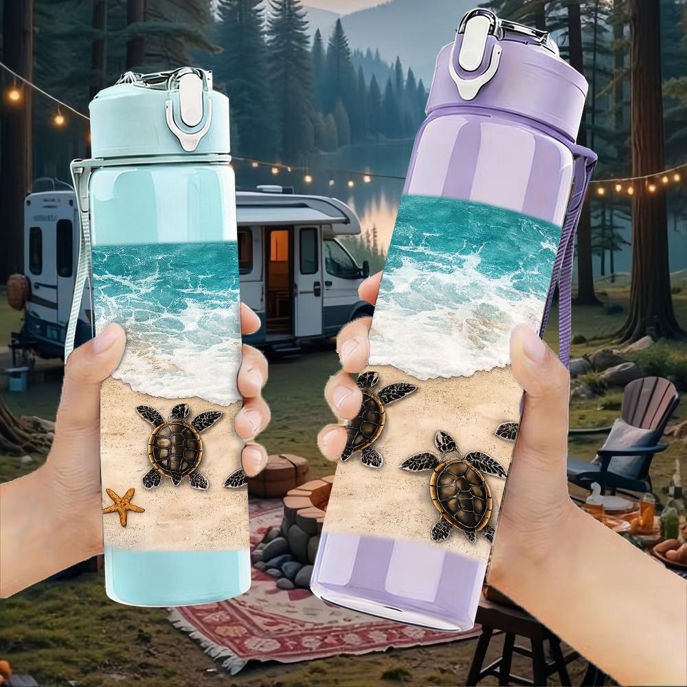 1PC Beach Sand Sea Shell Vacation Print 750ml Color Plastic Sports Water Bottle Leakproof Flip Straw Lid Suitable for Sports Office Home Use