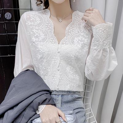 Embroidered Elegant White Lace Blouse Women V-neck Vintage Woman Shirt Wavy Cut Long Sleeve Blouses Office Lady Tops 17381