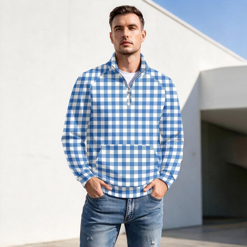 Men's Fall Winter Plaid Print Zip-Up Stand Collar Pullover Casual Wrinkle- Athletic Top