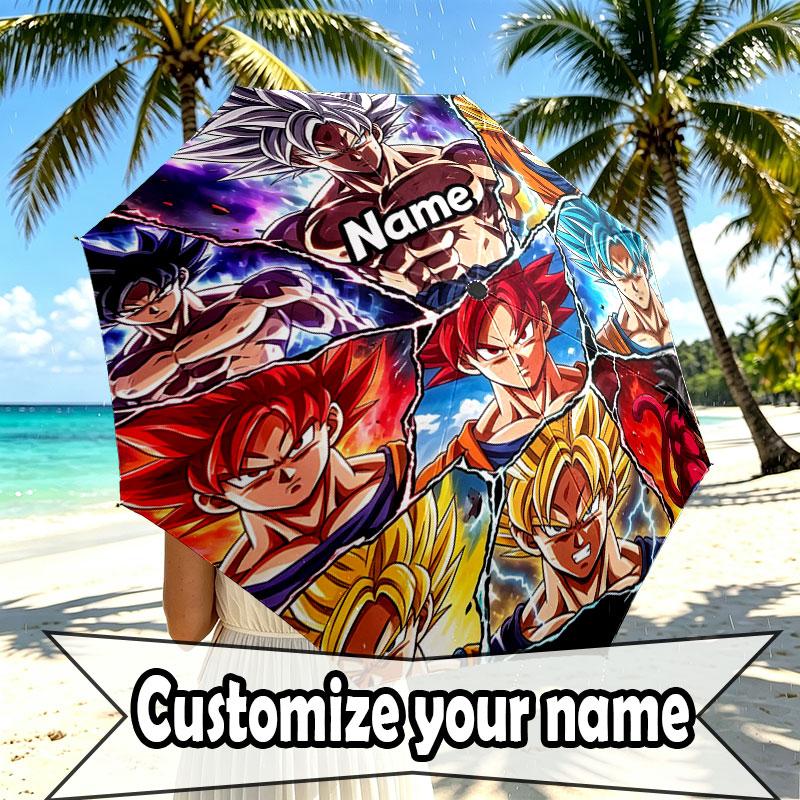 Custom Name Personalized Dragon Ball Z Print Umbrella, Auto Open Close, 8‑Rib Sturdy Frame, Commute Camping Hiking Use, Birthday Gift