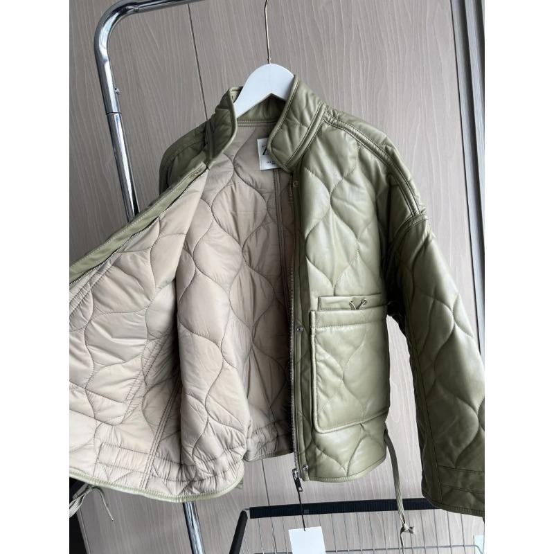 Quilted Jacket In Faux Leather with Padding - Collecting Large Pockets, and Drawstring Design - Women's Cotton Jacket
