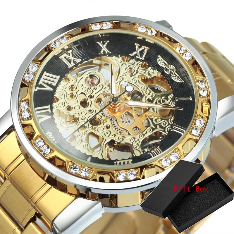 Winner Casual Mechanical Watches For Men Golden Roman Fashion Stainless Steel Belt Mesh Strap Wristwatch Clock Relogio Masculino
