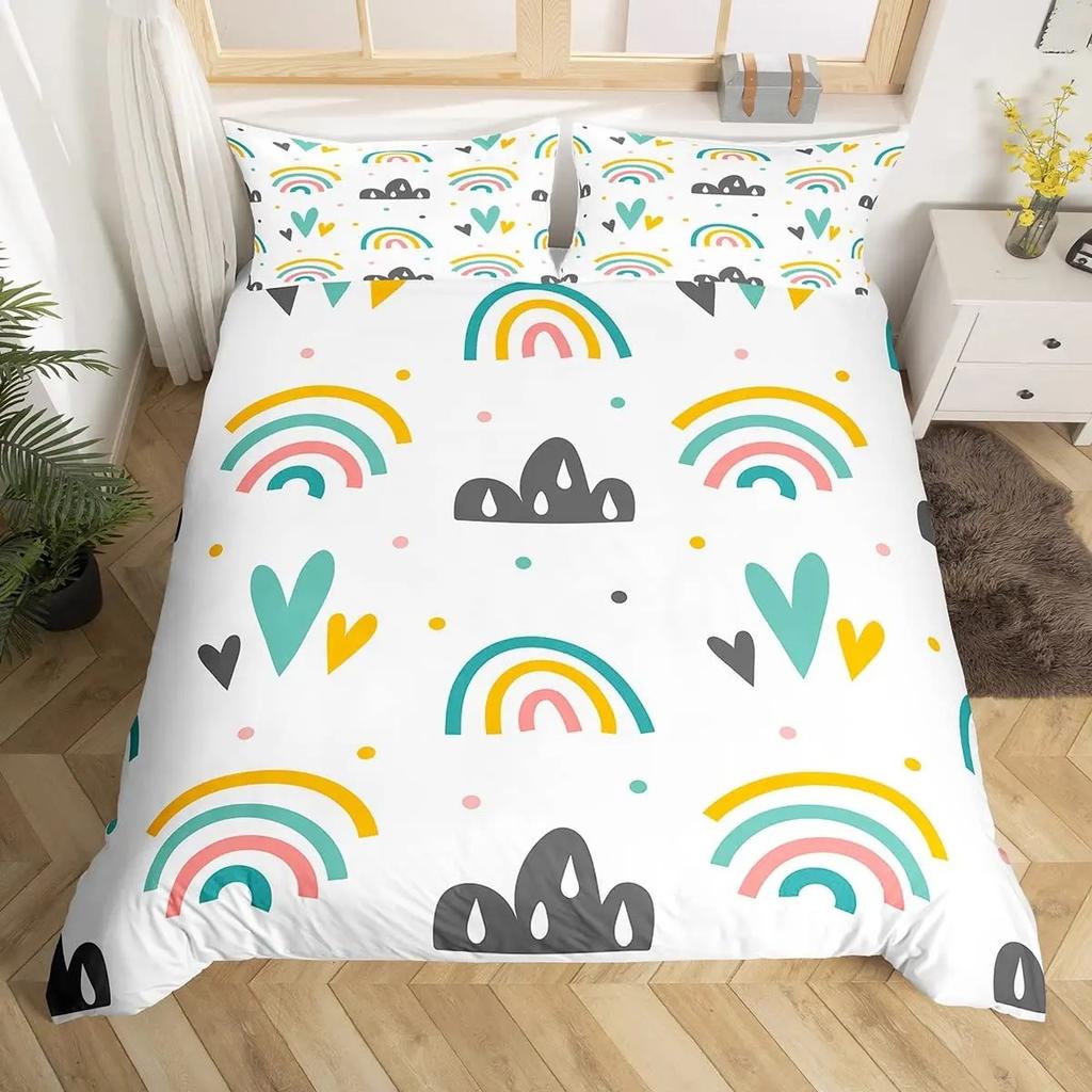 Red Valentine'S Day Rainbow Duvet Cover Twin Size,Cartoon Love Heart Bedding Set For Girls Women Moon Leaves Comforter Cover