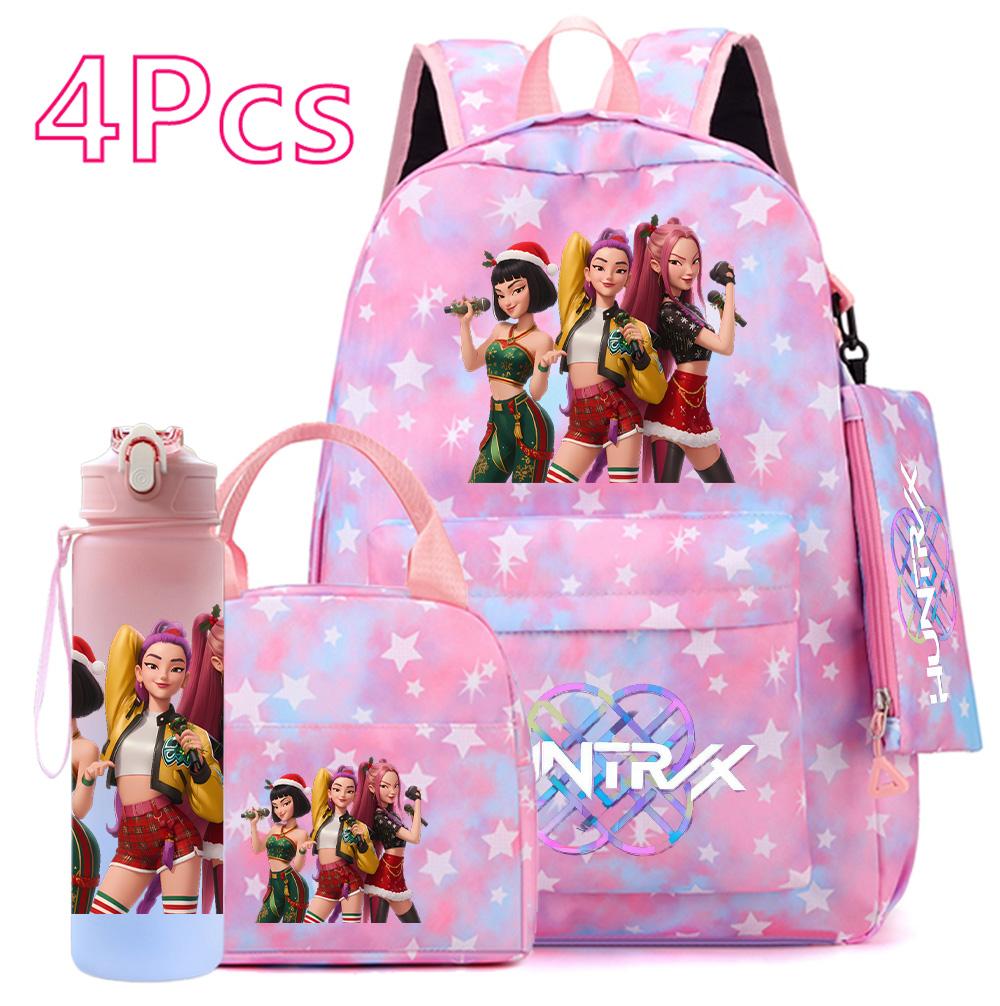 4 st/set Jul K-POP Tryckt Ryggsäck Handväska Pennskrin 750 ml Vattenflaska för Tonåring Pojke Flicka Bokväska Skolväska Med Drickmugg Barnpresent