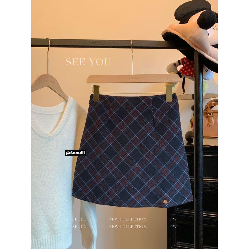 Kumikumi Preppy Contrast Color Plaid Retro All-Match Skirt Women's Autumn High Waist Slimming A- line Skirt Short dress