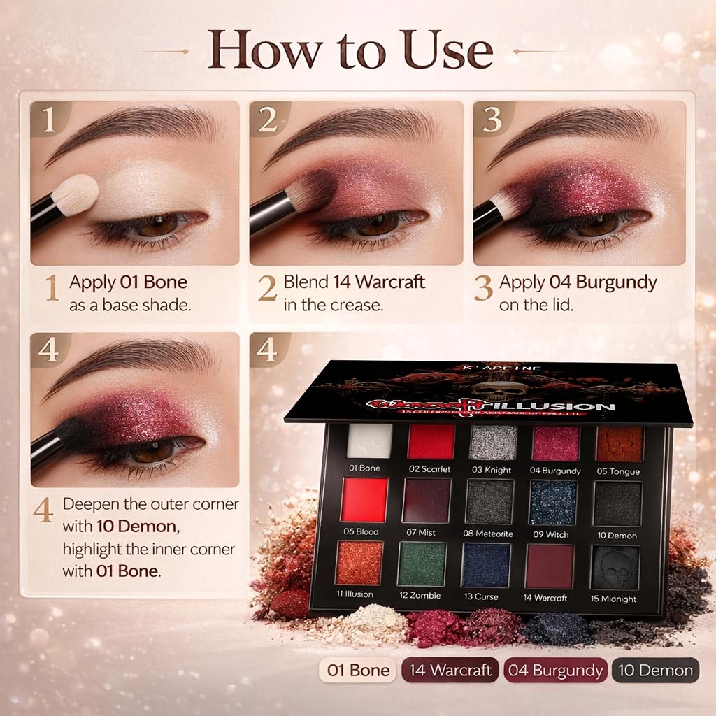 15 Barev Gotická Matná Třpytivá Paletka Stínů na Oči Tmavá Punk Halloween Červená Černá Oční Make-up