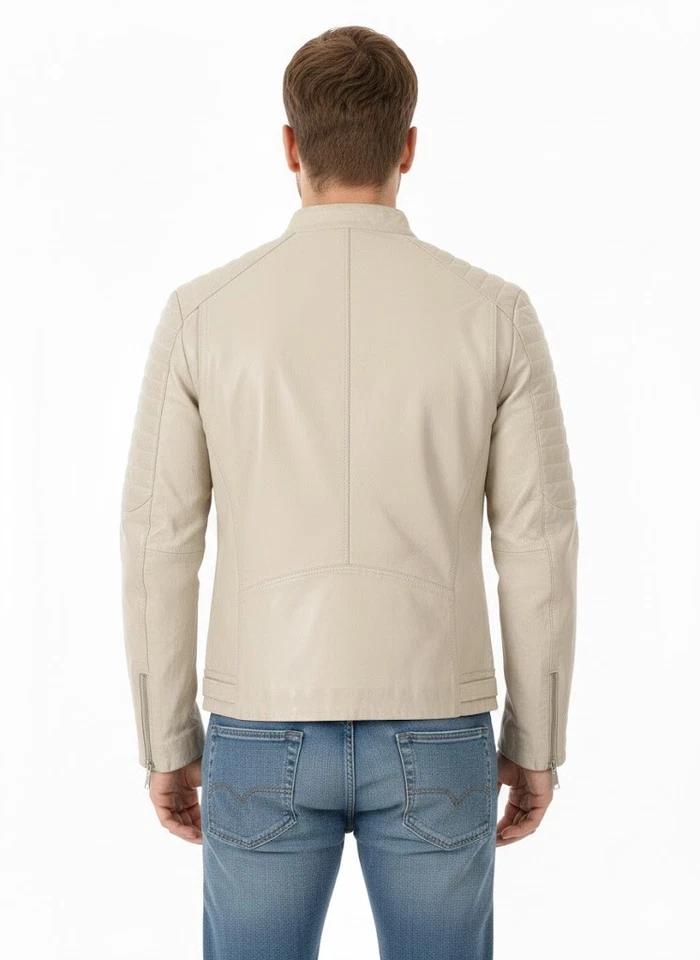 Men's Handmade Off-White Jacket Soft Fit Motorcycle Genuine Lambskin Leather Stylish