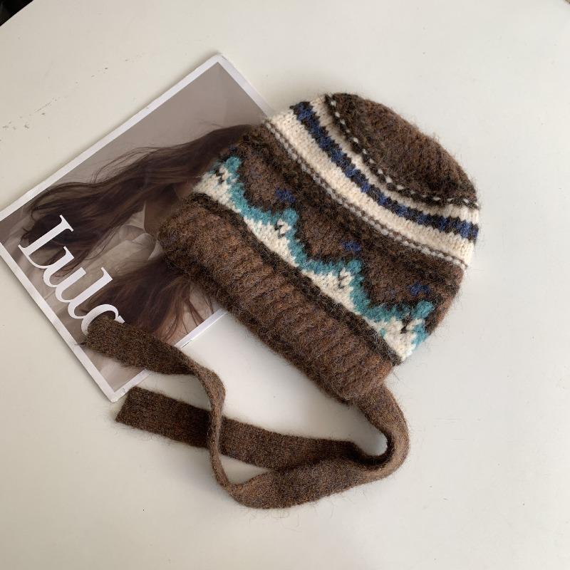 

Винтажная шапка Fair Isle Женская зимняя балаклава Теплая Большой обхват головы Зимняя вязаная шерстяная шапка Защита ушей average size [55-60CM]