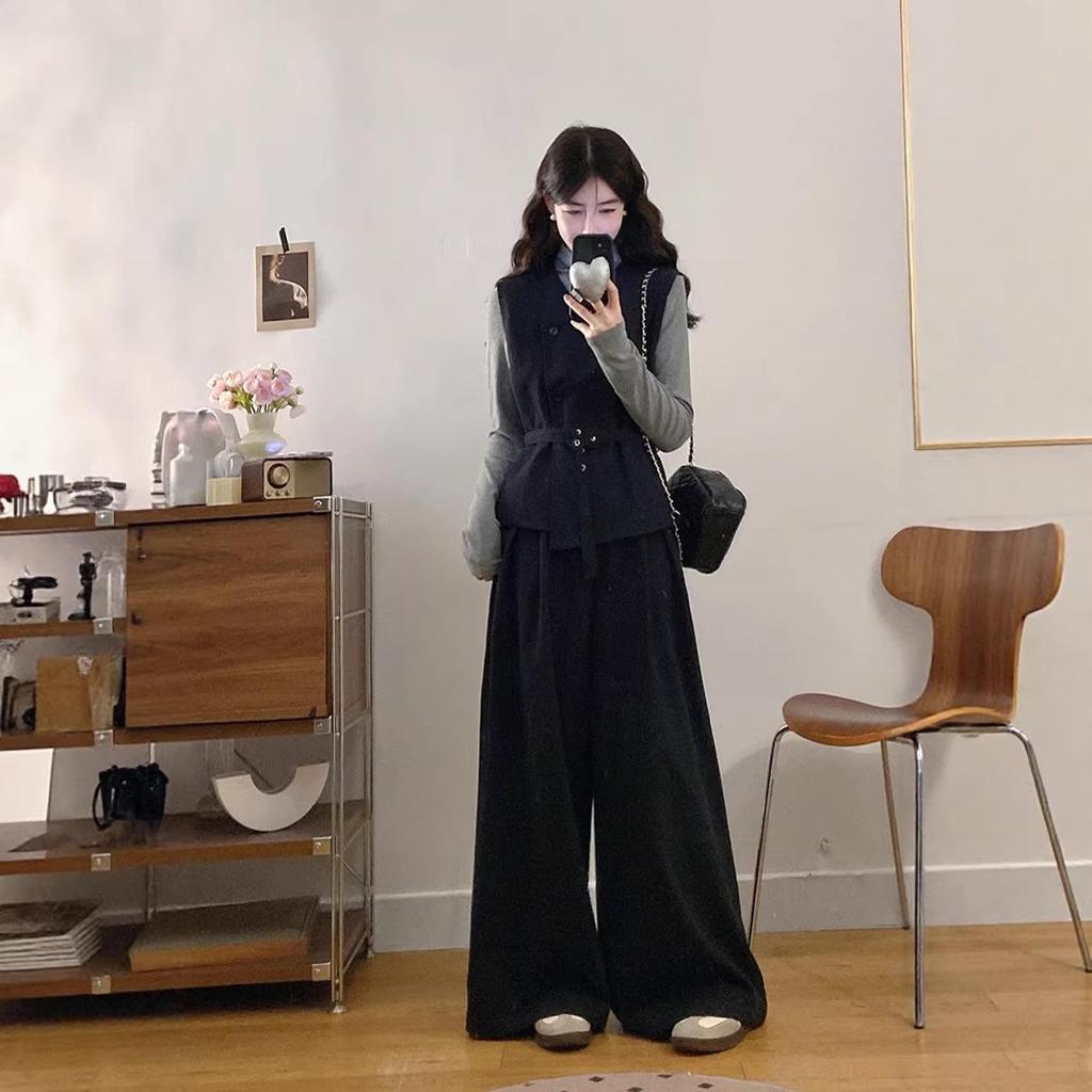 Korean Style Plus Size Women's High-End Casual 3-Piece Set: Vest, Base Layer, and Wide-Leg Pants for Autumn