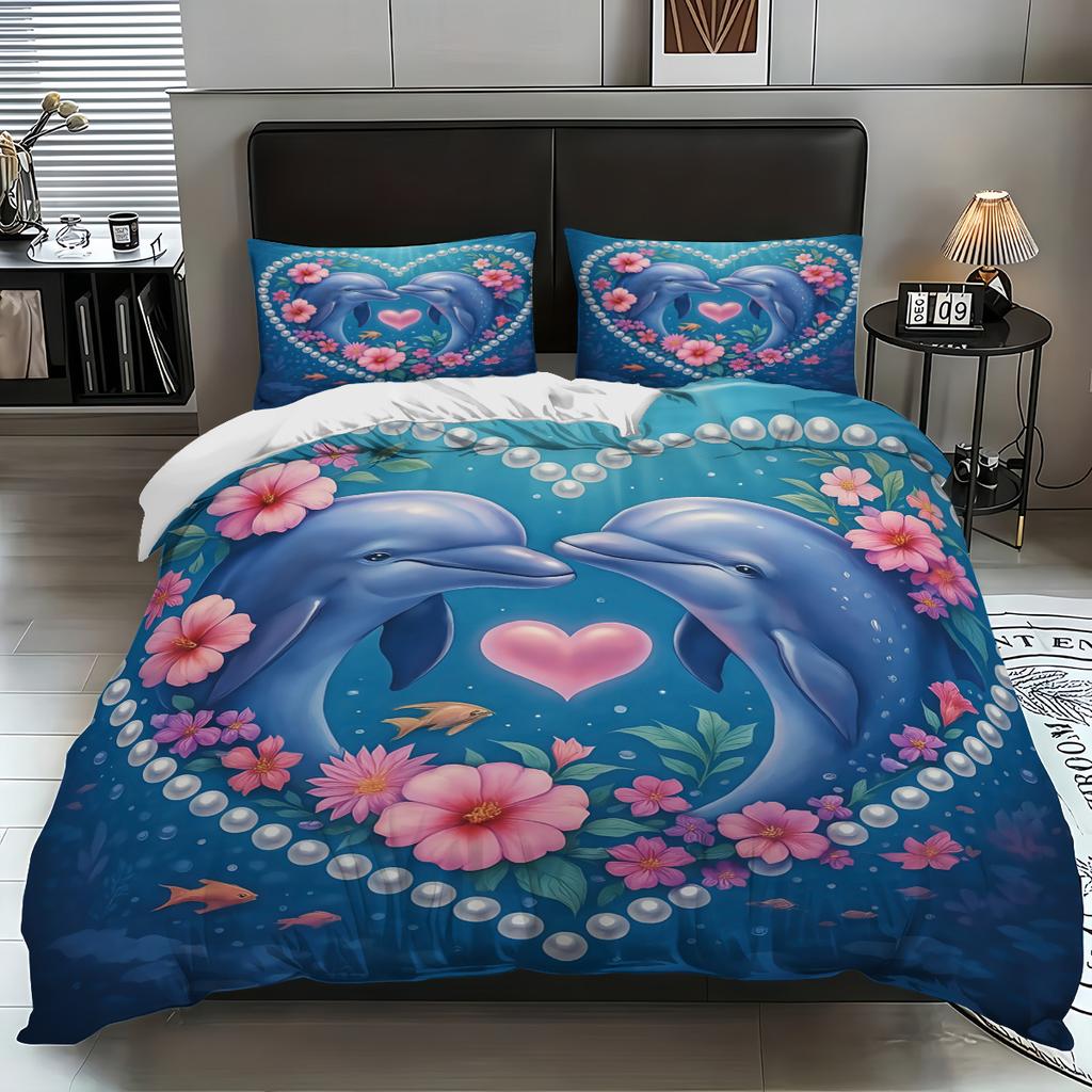 3pcs Dolphin couple pattern printed bedding set, 1*quilt cover+2*pillowcase, suitable for couples and adults bedrooms