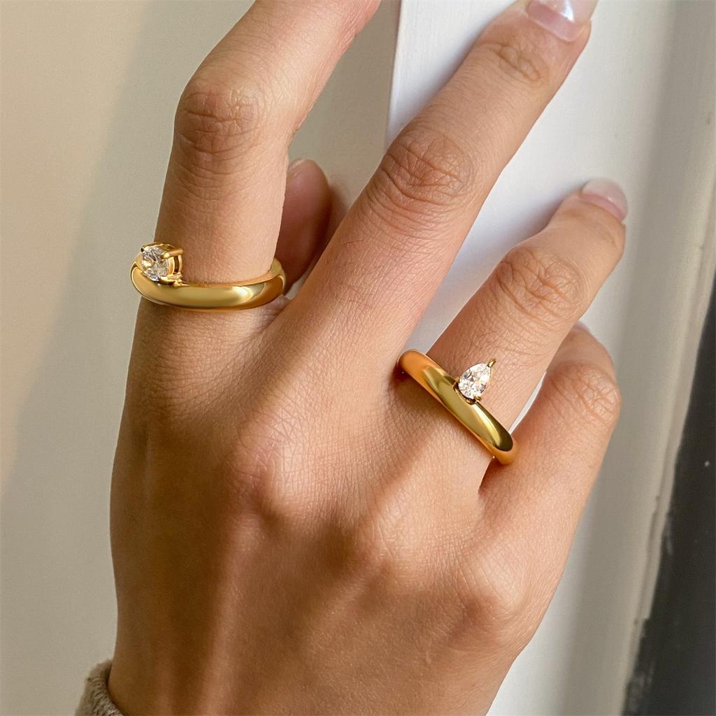 Yori Chic Unique Stainless Steel Cubic Zirconia Ring Water Resistant 18K PVD Plated Simple Sleek Metal Fashion Jewelry Bijoux