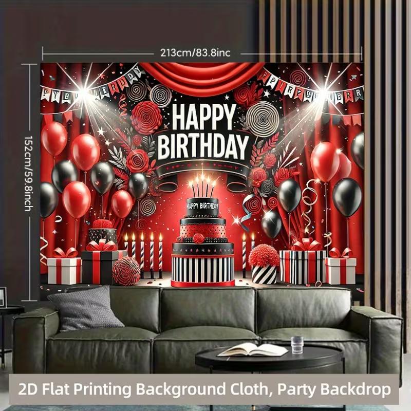 

2D Happy Birthday Backdrop, Red & Black Themed Party Background Cloth with Balloons & Gift Boxes 47.2x31.5inch/120*80cm