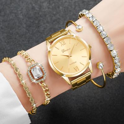 5 Stück/Set Damen Luxusuhr Trend Einfach Elegant Quarz Analoguhr Eingelegt mit Diamantarmband(Box nicht enthalten)