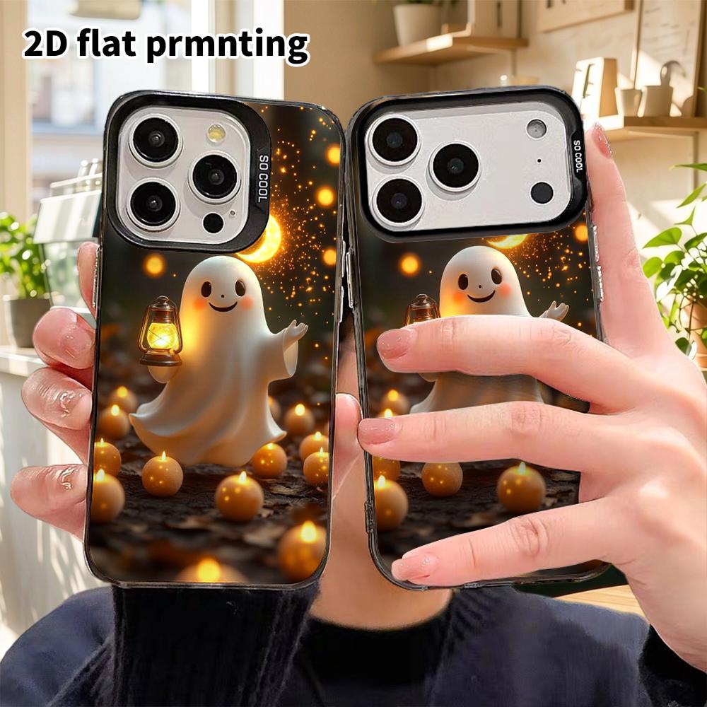 Phone Case: 2D Flat, Suitable for iPhone 18 17 16 15 14 13Pro In Rainbow Silver, Couple Style, Timah Lantern Ghost, Christmas and Halloween Gifts