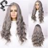 Long Wavy Grey Wig for Women Dark Roots Ombre Gray Wig No Bangs Natural Looking Middle Part