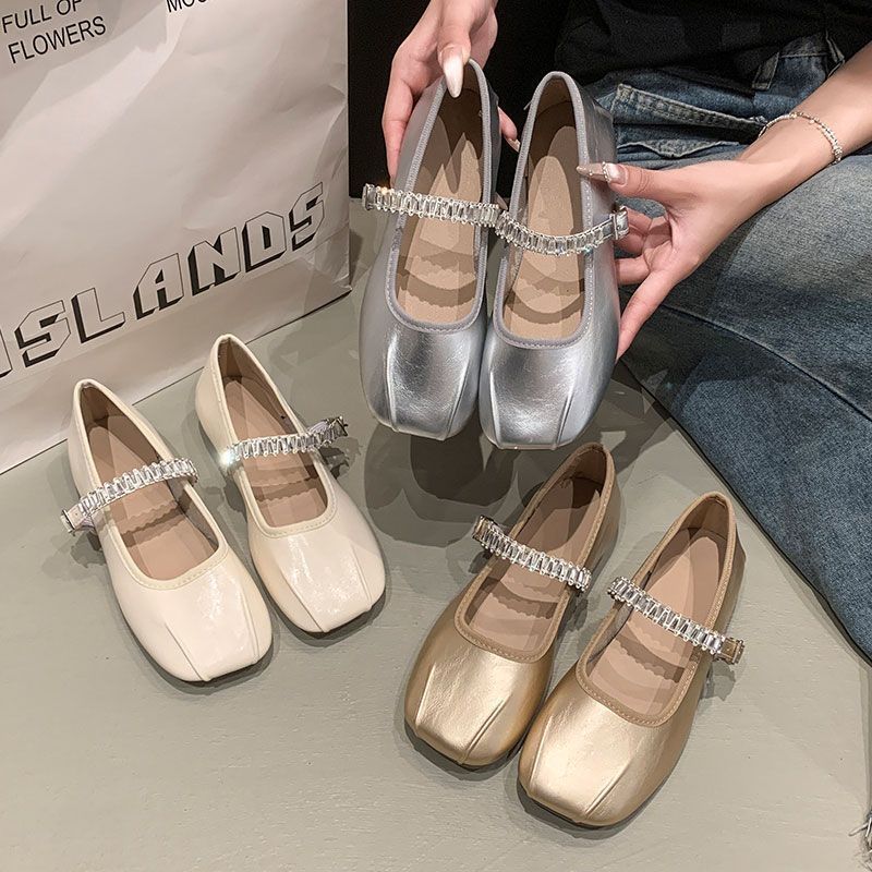 One word with rhinestone flat bottom Mary Jane women's shoes new square head shallow mouth soft sole single shoes