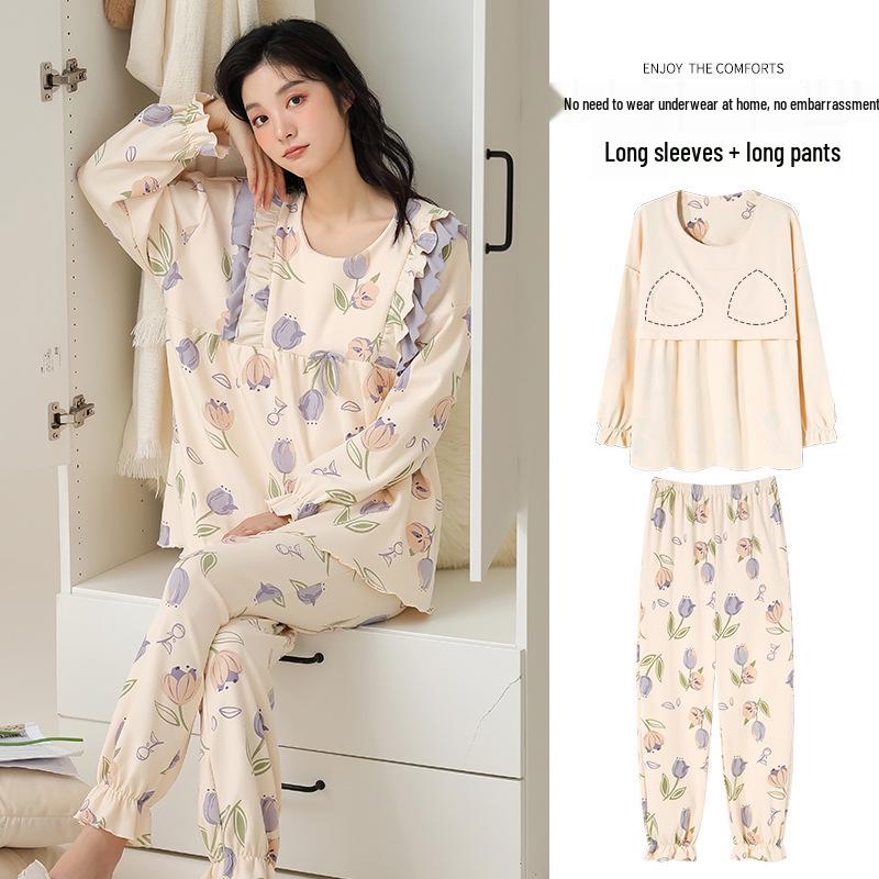 Women's Long-Sleeve Cotton Pajama Set with Chest Pads - Cozy Autumn/Winter Wear, Sweet & Stylish for Home or Outside