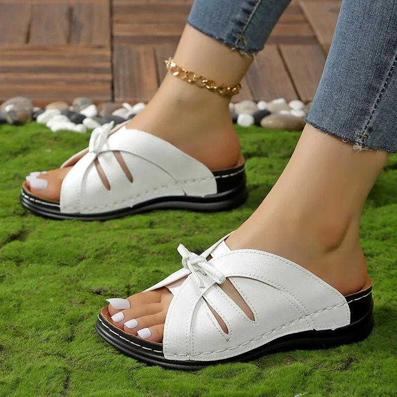 New Summer Open-toe Roman Sandals Solid Color Slippers Women's Casual Beach Slippers Bow Wedge Heel Slippers Slides Women