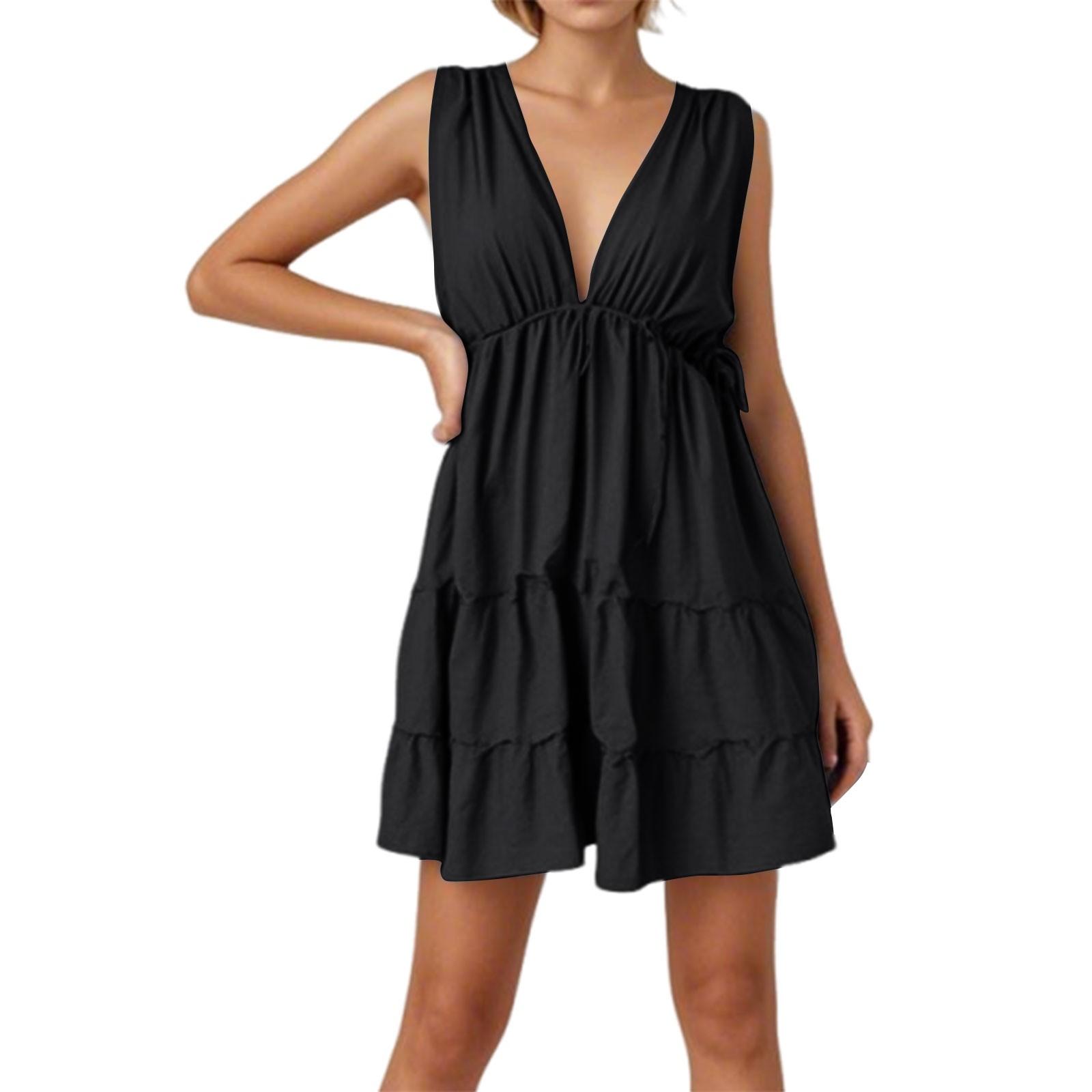 

Women s Sleeveless Short Dress Front And Back V-neck Waist Tie Dresses L чорний