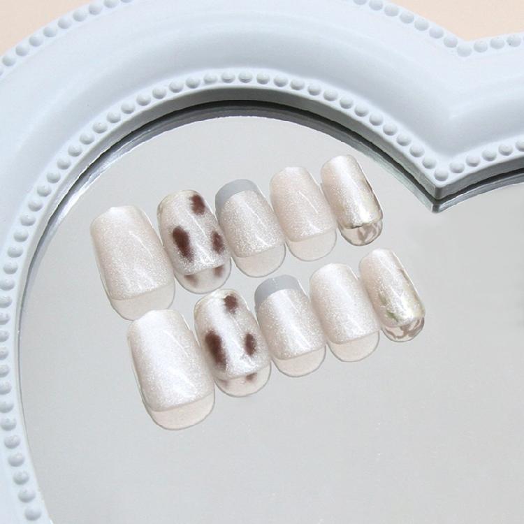 30 Pcs Elegant False Nail Glittering Press On Nail French Tip Acrylic Nail Cats Eye Stick on Nail for Party
