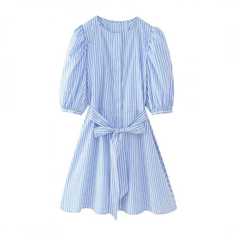 

European American Women s Clothing Summer Fashionable Fluffy Short-sleeved Dress With Belt L