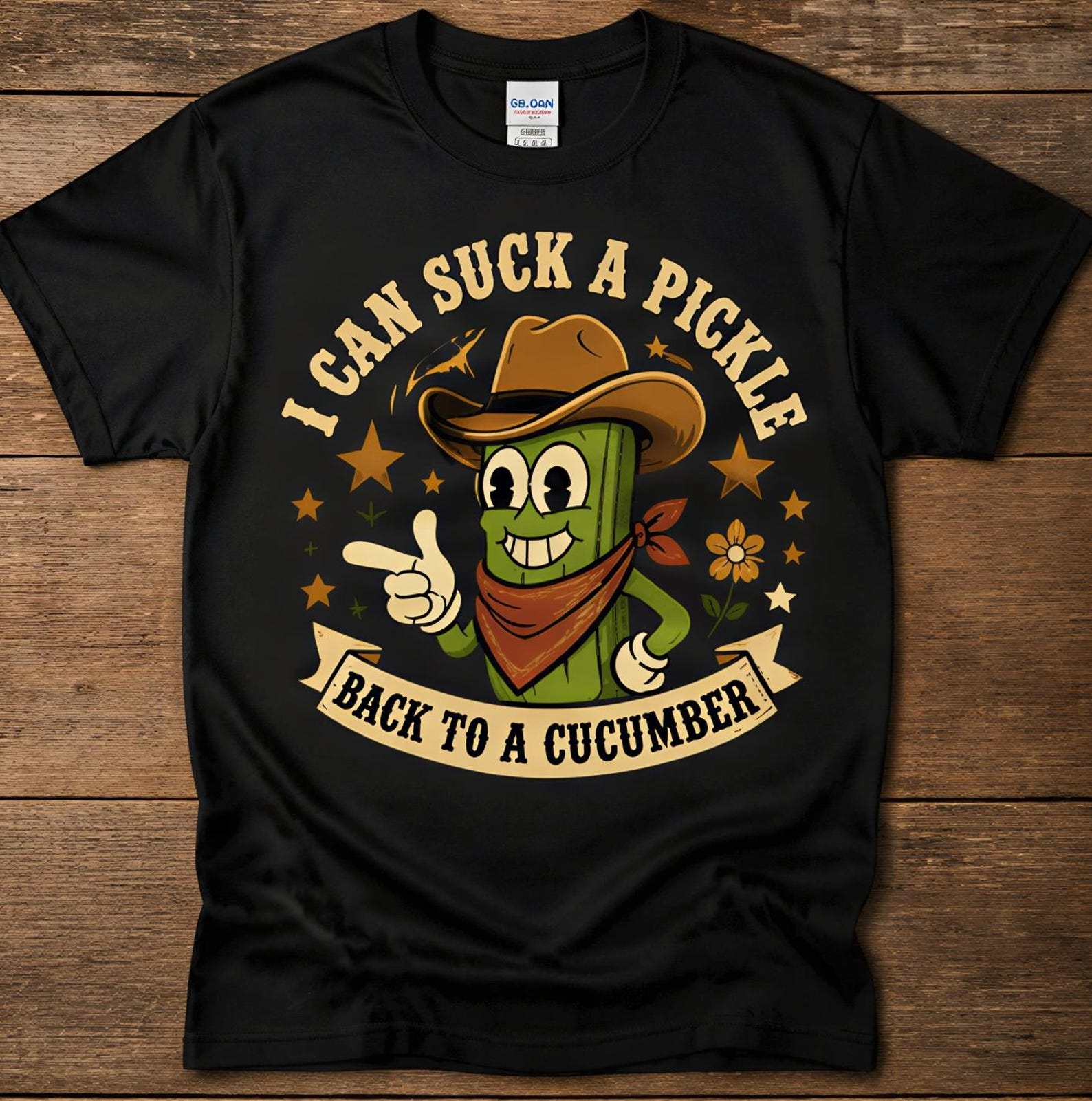 Funny Pickle Cowboy T-Shirt, Retro Cartoon Style Shirt, Western Cucumber Tee, Witty Sarcastic Saying Top, Gift for Pickle Lover S