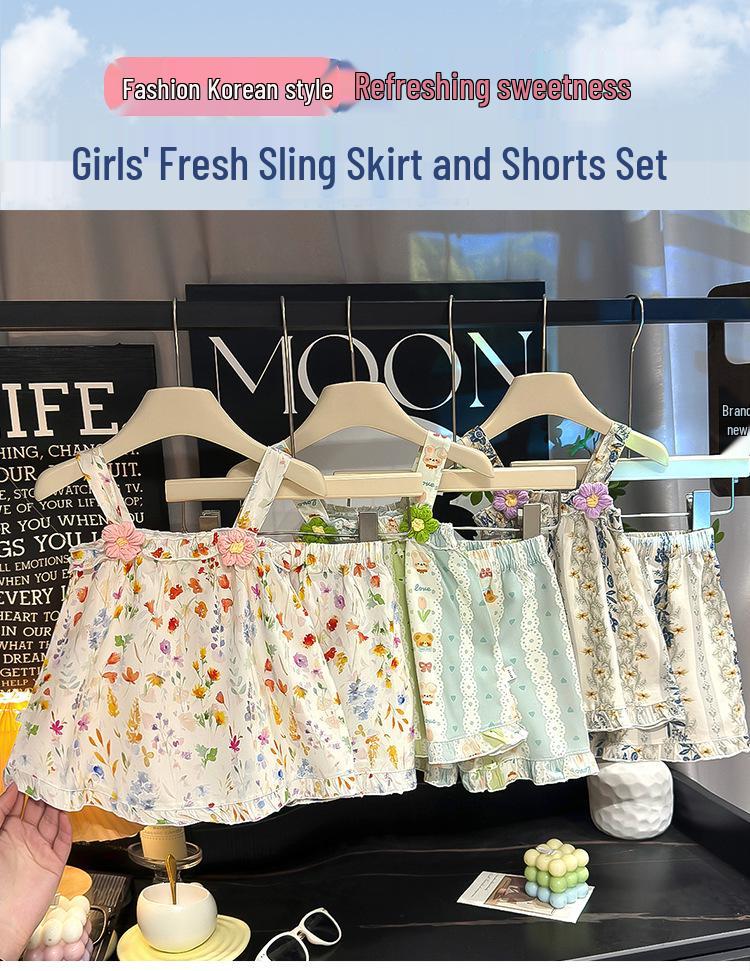 2026 New Korean Style Floral Princess Spaghetti Strap Two-Piece Summer Set for Girls