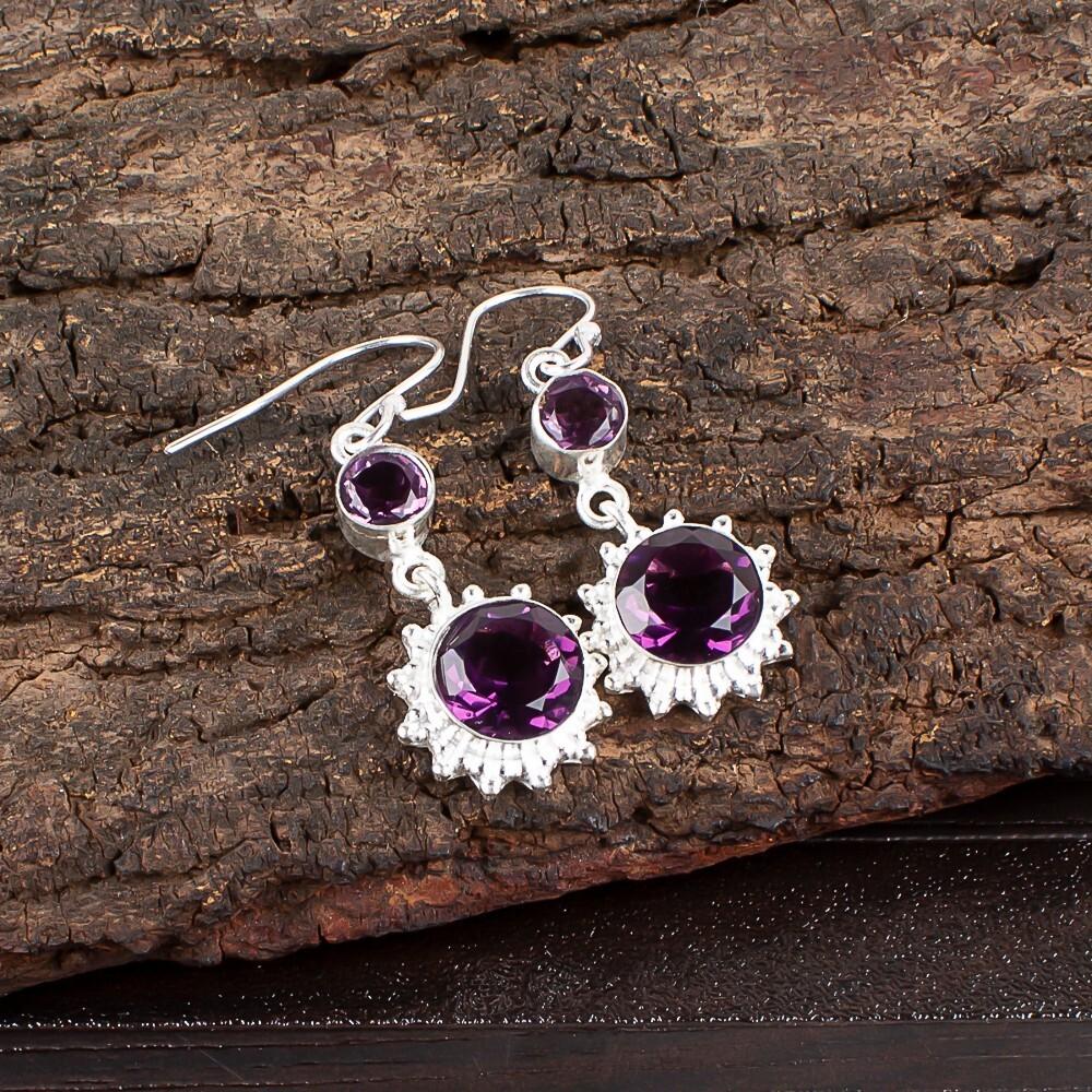 Amethyst Gemstone 925 Sterling Silver Handmade Drop/Dangle Earrings 1.80" Gift EE-13-7
