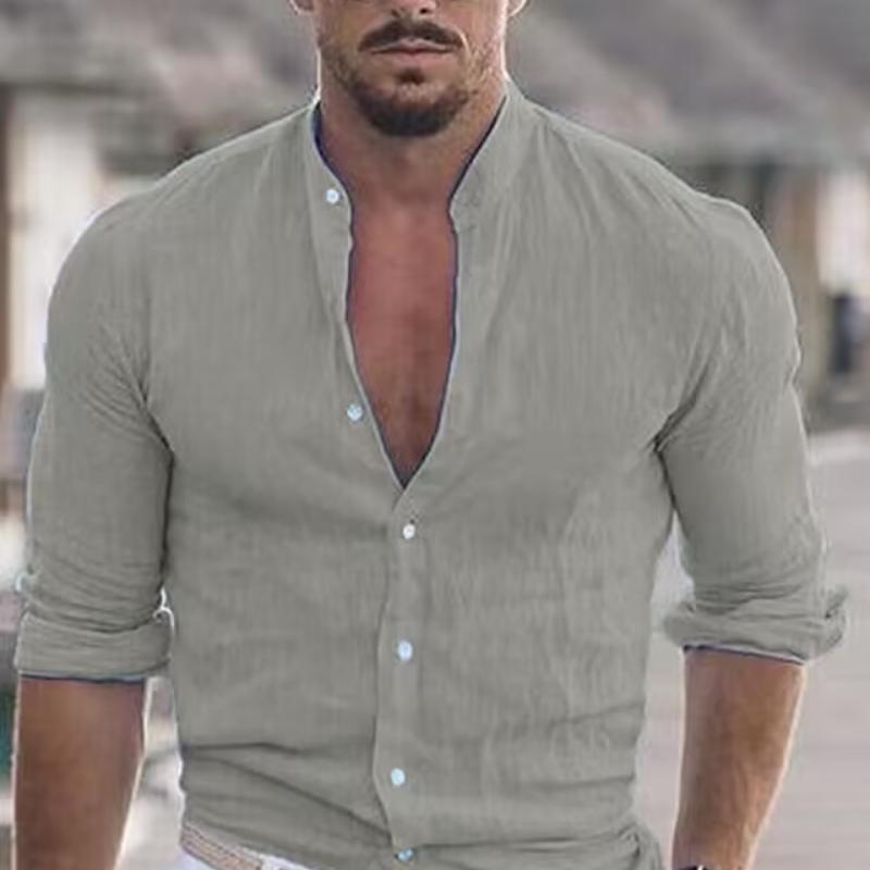 

Нова чоловіча літня лляна сорочка Пляжна сорочка з довгим рукавом Однотонний гавайський святковий одяг Топи 5XL