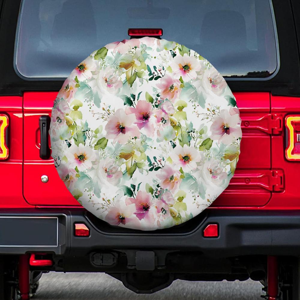 A 2D Flat-printed Tire Cover Featuring A Watercolor Floral Design, Ideal For Outdoor Parking And Halloween Gifts, No Electricity