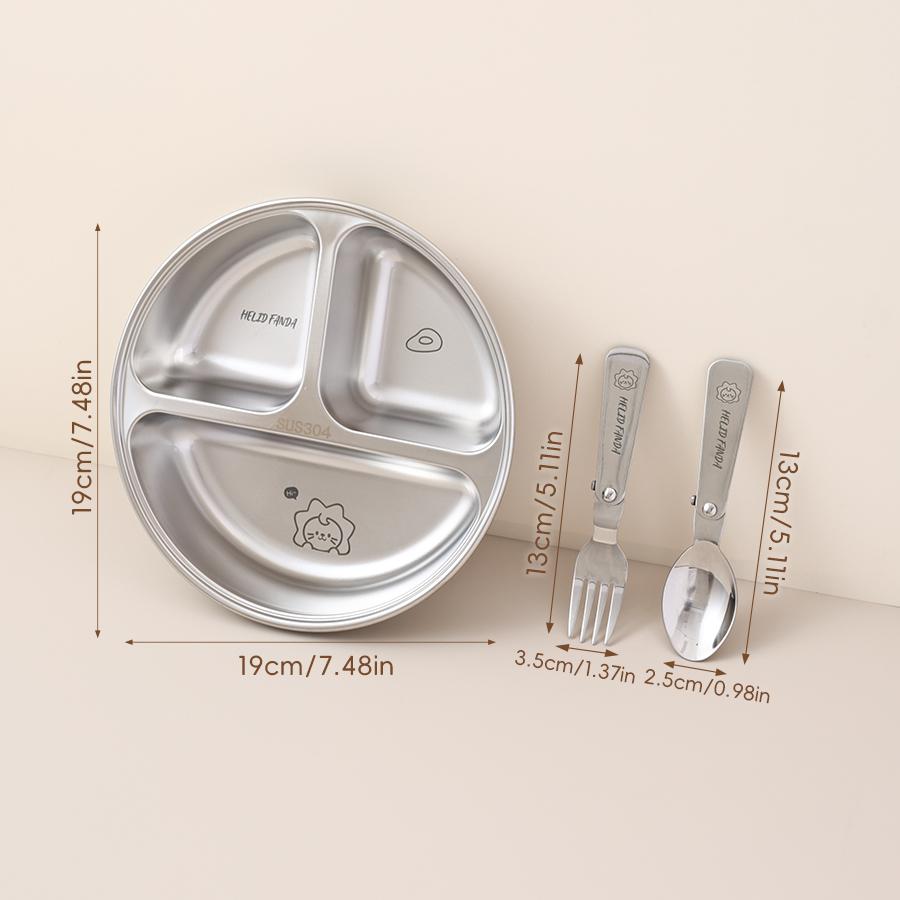 3 Compartment Cute Round Children Food Plate 304 Stainless Steel Divided Dinner Plate Fruit Salad Plates Dishes Dishwasher Safe
