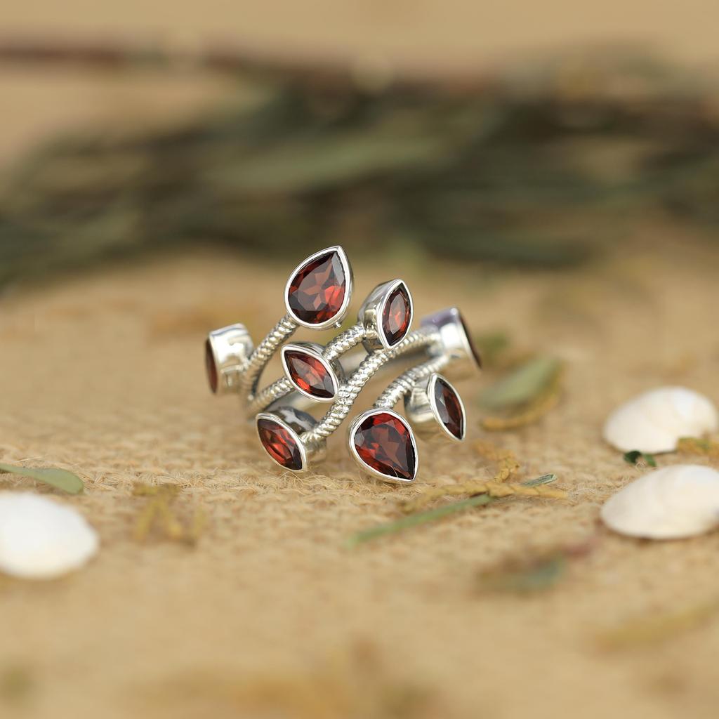 Sterling Silver Garnet Ring: Handmade Twisted Wire Design