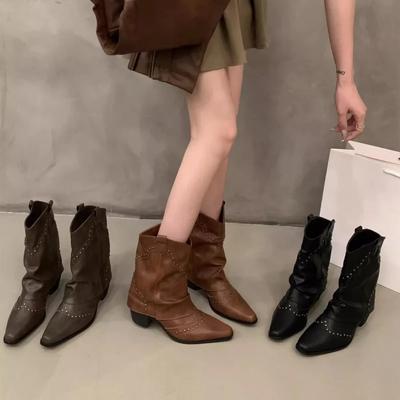 Fashion Woman Boots Shoes for Women Western Cowboy Thick Heels Retro New Rock Gothic Mid Calf Low Pointed Toe Autumn Winter Rivet2024