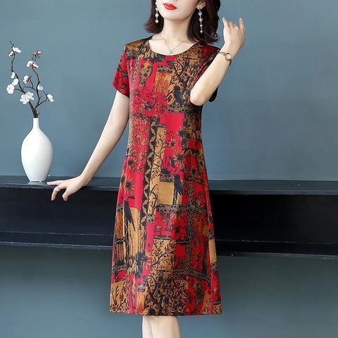 Imitation ice silk retro printing dress women's summer new short-sleeved printing medium and long middle-aged and elderly mother skirt